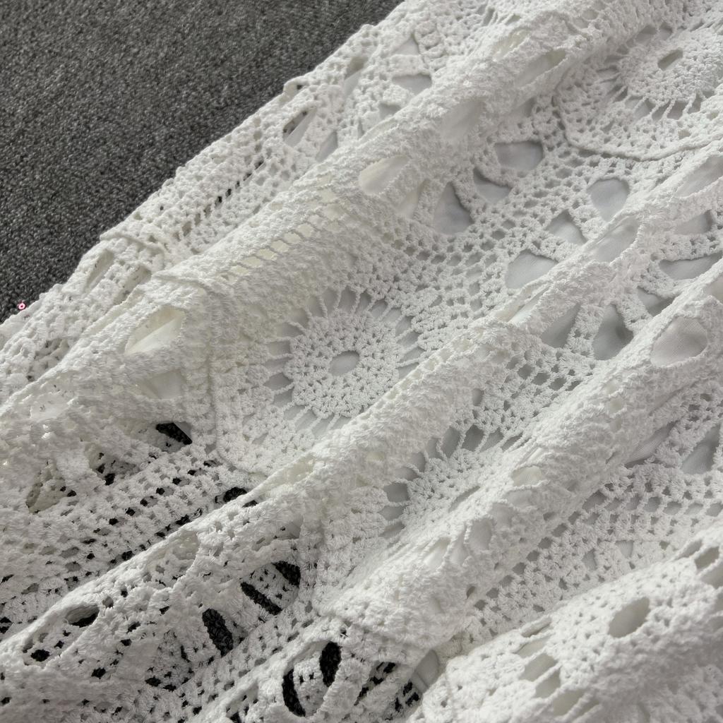 Dimanaf New 2025 Skirt Suit Women Knitting Beach Short Sleeve Lace Hollow Out Sexy O-Neck Hollow Summer Style Tops Tees Loose Basic