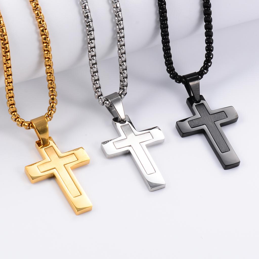 Fashion Hip Hop Stainless Steel Classic Punk Pray Cross Pendant for Men Women Silver/Gold Color Box Chain Jewelry Gifts