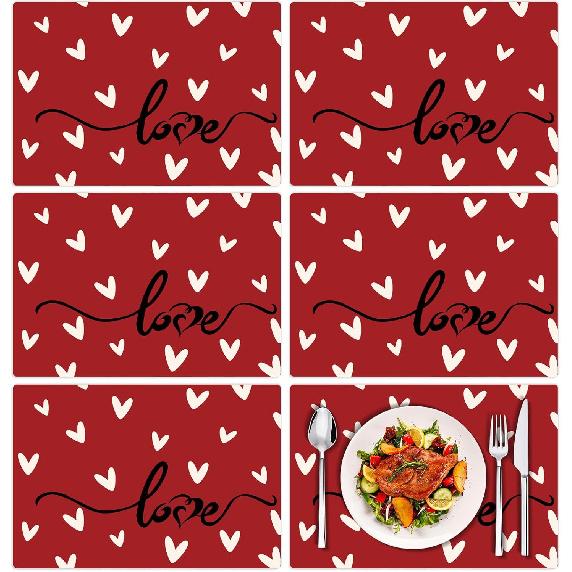 Tarklanda Pink Love Hearts Placemats Set of 6, 11 x 15.7 Inch Washable Vinyl Table Mats Valentine Holiday Plastic Placemats for Anniversary Wedding