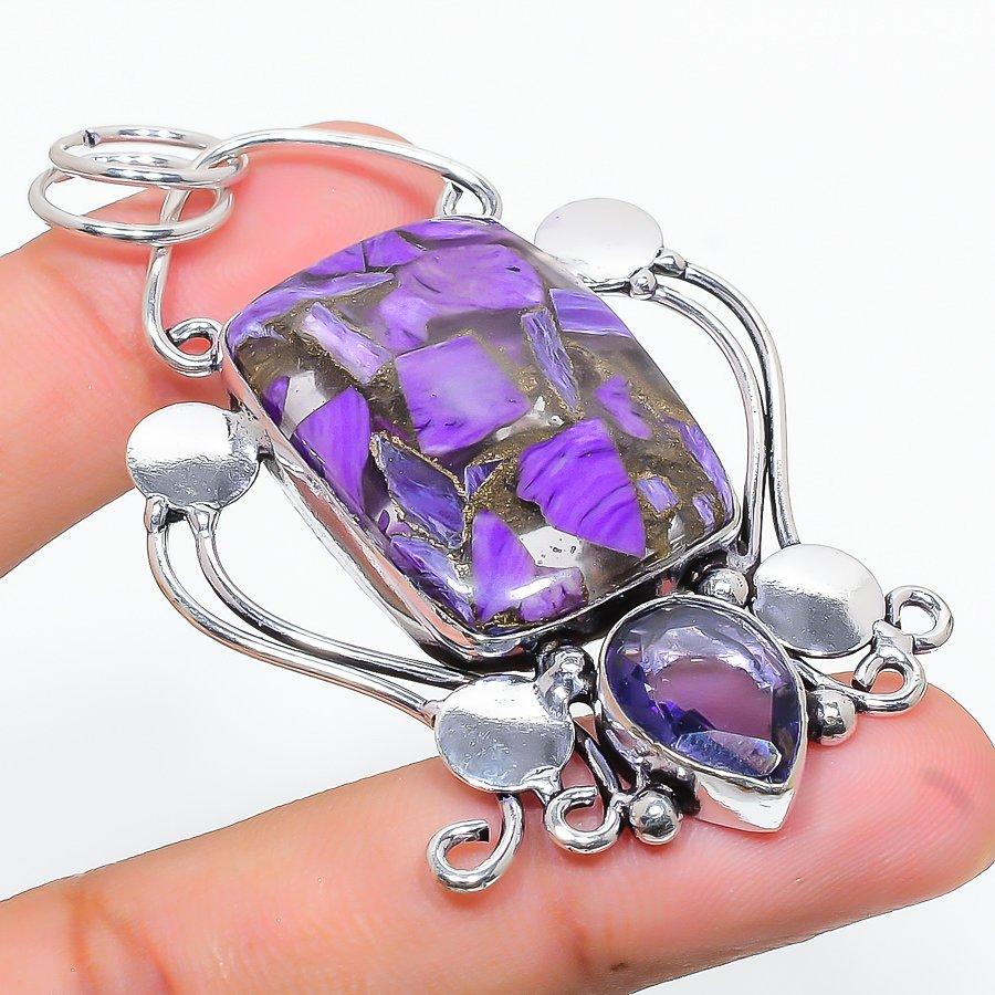 Подарочный кулон из стерлингового серебра 925 пробы с натуральным медным чароитом и аметистом 2,76 дюйма v7G79