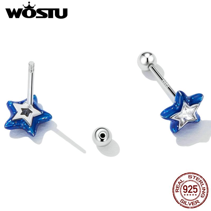 WOSTU 925 Sterling Silver Simple Mini Blue Star Stud Earrings For Women Star Zircon Ear Studs Fine Wedding Jewelry Gifts