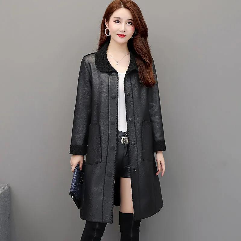 Winter Women's Leather Fashion Fur Coat Lamb Fur Coat Plus Velvet Thickening Medium Long Large Size Leather Coat