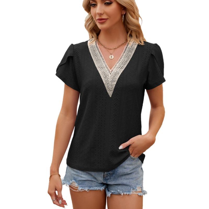 Spring Summer Lace Patchwork V-neck Loose Short Sleeved T-shirt for Women
