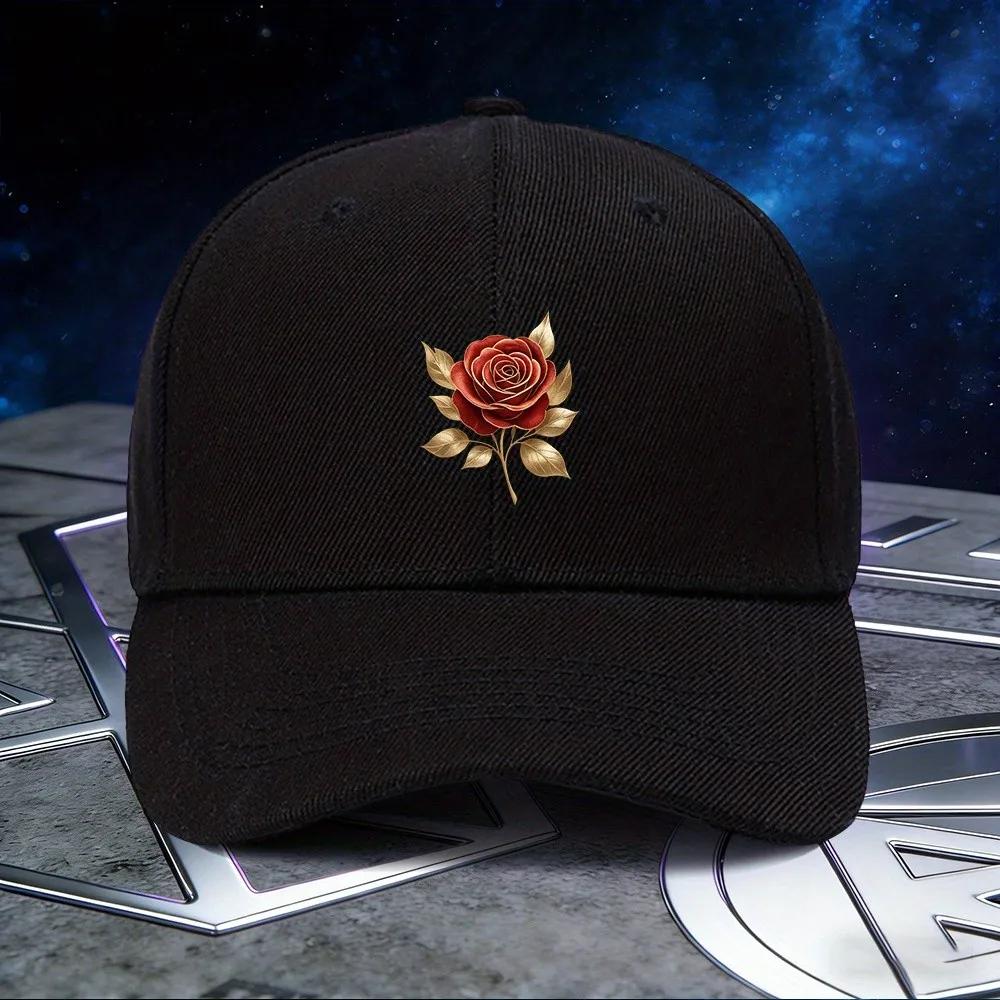 Gold Rose Print Baseball Cap Unisex Polyester Casual Adjustable Sun Hat