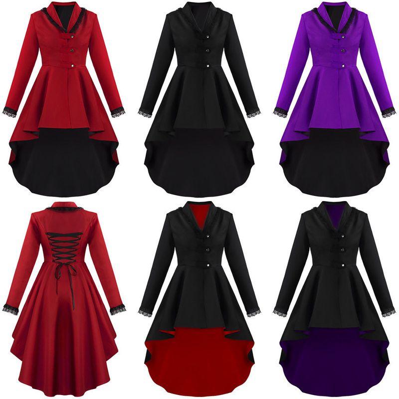 Medieval Retro Long Coat with Irregular Hem Swallowtail Design, Unique Buttons, Lace Trim Trench Coat Cosplay Outfit