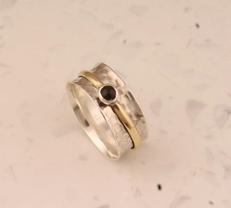 Кольцо-спиннер с черным ониксом, Двухцветное кольцо, Кольцо для медитации, Кольцо для большого пальца, Серебряные украшения, Дизайнерское кольцо, Спиннер-кольцо, Ювелирные изделия унисекс