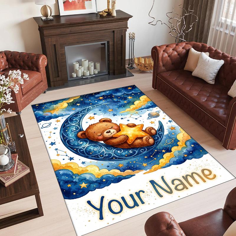 Teddy Bear Theme Crystal Velvet Rug Personalized Custom Name Text Soft Floor Mat Home Decor