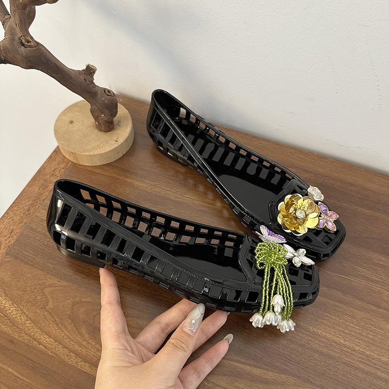 Сделай сам сетчатые сандалии супер огонь корейские ретро туфли с дырочками хрустальные с мелким вырезом ленивые прозрачные туфли-желе красные с квадратным носком женские туфли