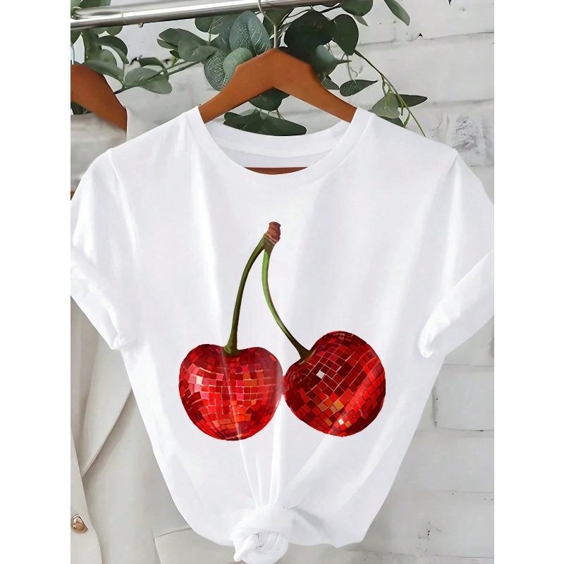 Womens Casual Cherry Fun Printed Sleeved Tshirt Casual Womens Top Fashionable and Trendy Round Neck Top Aesthetic Clothes