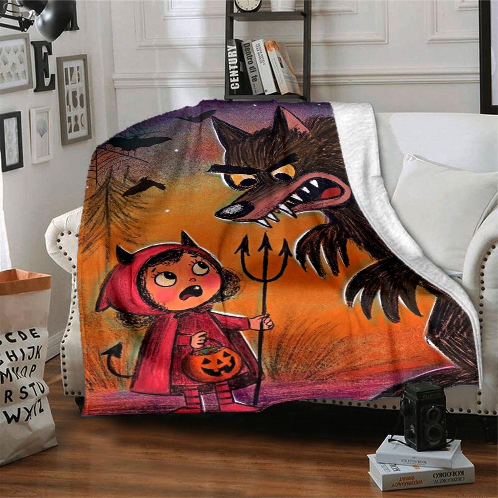 Dark Red Riding Hood Devil Wolf Halloween Cartoon Print Flannel Throw Blanket Soft Warm Blanket for Sofa Bed Home Decor