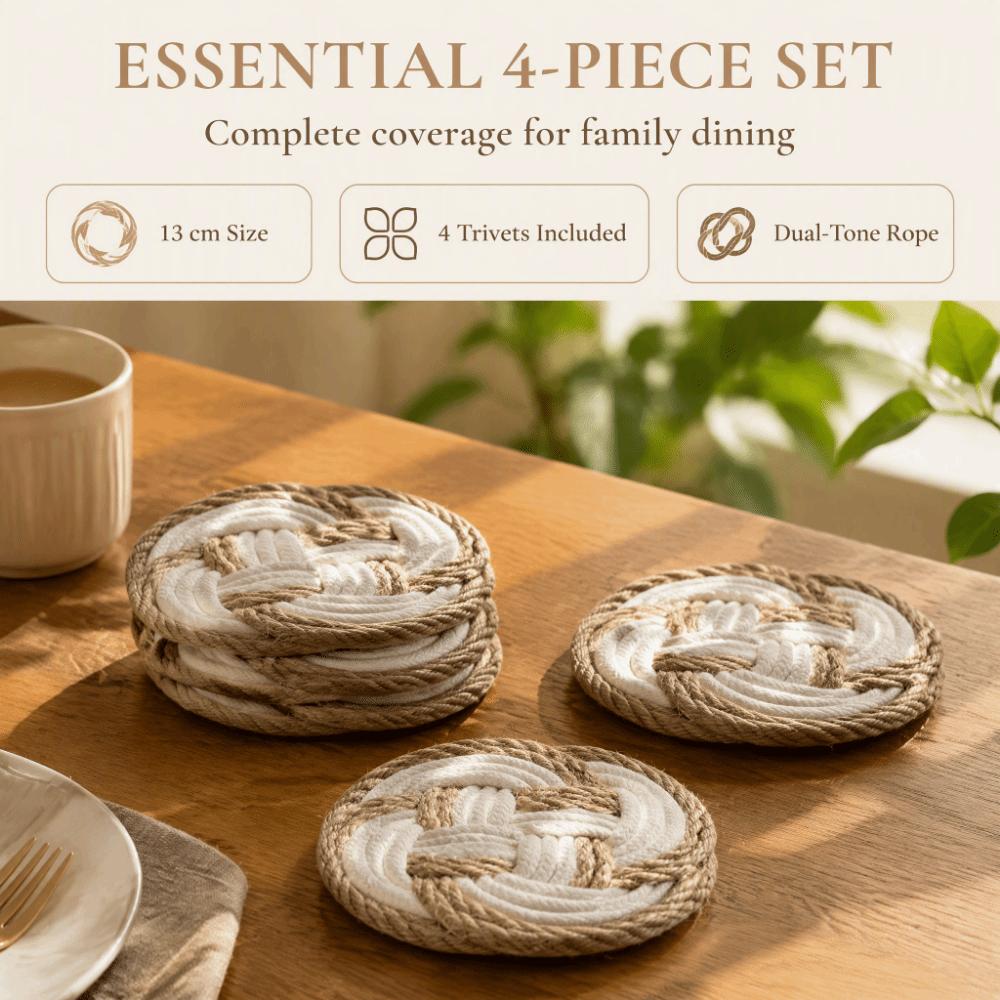 4pcs Braided Design Woven Drink Coasters Round Shape Cotton Coasters  For Daily Household Use