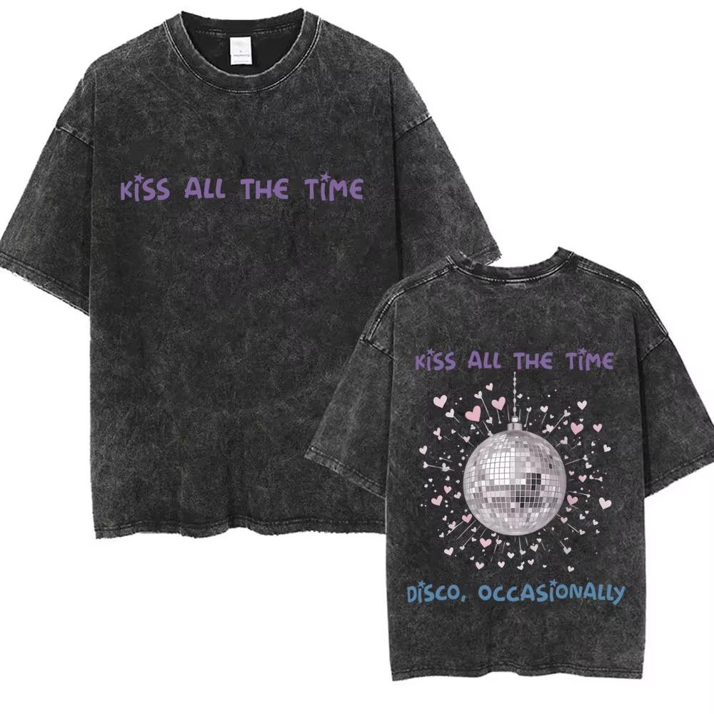 Kiss All The Time Disco Occasionally Washed Vintage T-shirts Fans Gift Men Women Fashion Pop Music Streetwear Male Oversized Tee