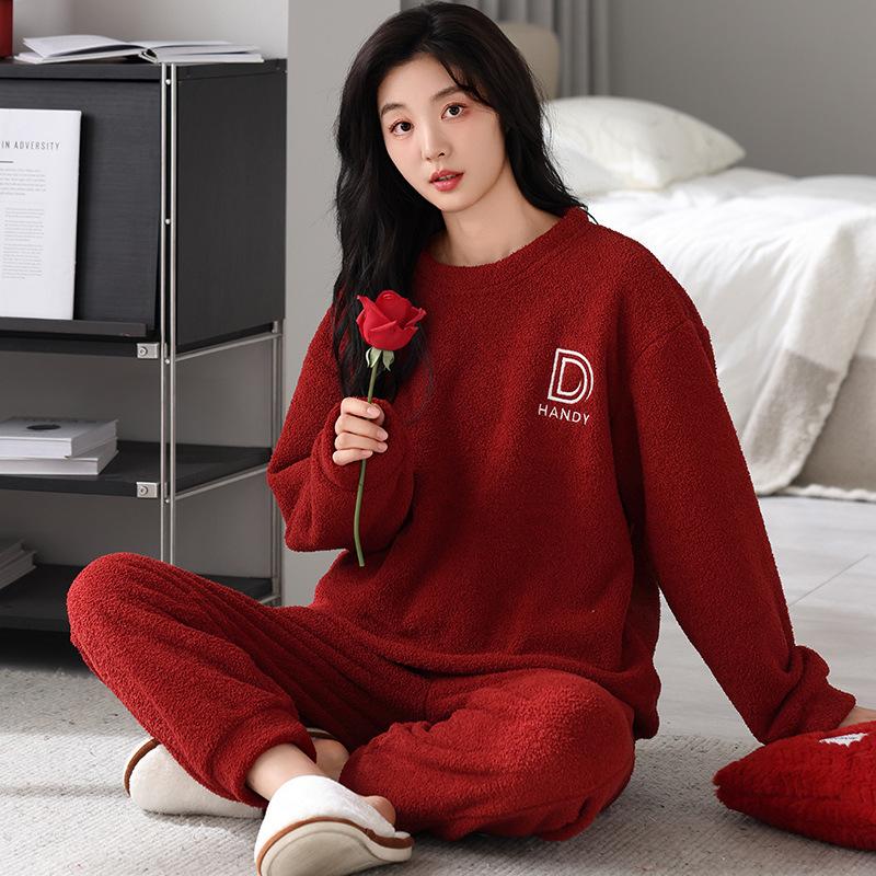 Парные пижамы осень и зима полуфлис женская красная рождественская свадебная для молодоженов мужской зимний коралловый флисовый костюм