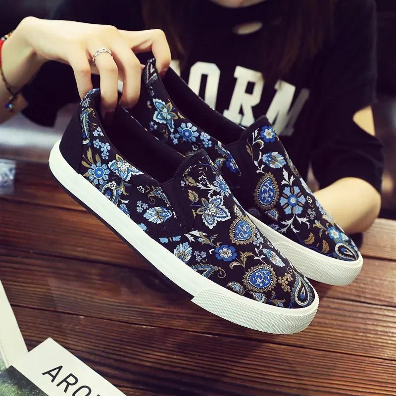 Новые осенние цветочные тенденции повседневные корейские ленивые туфли с низкой посадкой дышащие мужские классические парусиновые туфли без застежек кроссовки мужские