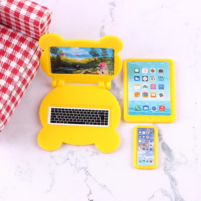 3Pcs/Set 1:12 Dollhouse Miniature Folding Laptop Model Computer Tablet Phone Set Doll House Office Scene Home Decor Toy