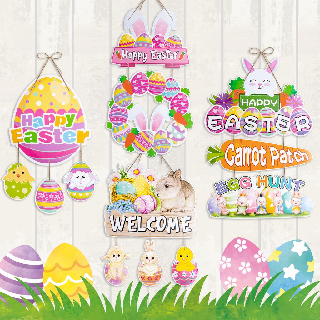 Happy Easter Decor Door Pendant Paper Rabbit Egg carrot Welcome Sign Hanging Ornament Easter egg hunt Spring Party Wall decor