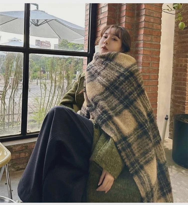 Женский зимний клетчатый шарф в корейском стиле - элегантная шаль с кисточками, толстая и теплая для студентов
