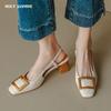 2024 Top Quality Genuine Leather Women Pumps Vintage Mature Office Ladies Square Toe High Heel Slingbacks Sandals Shoes Woman