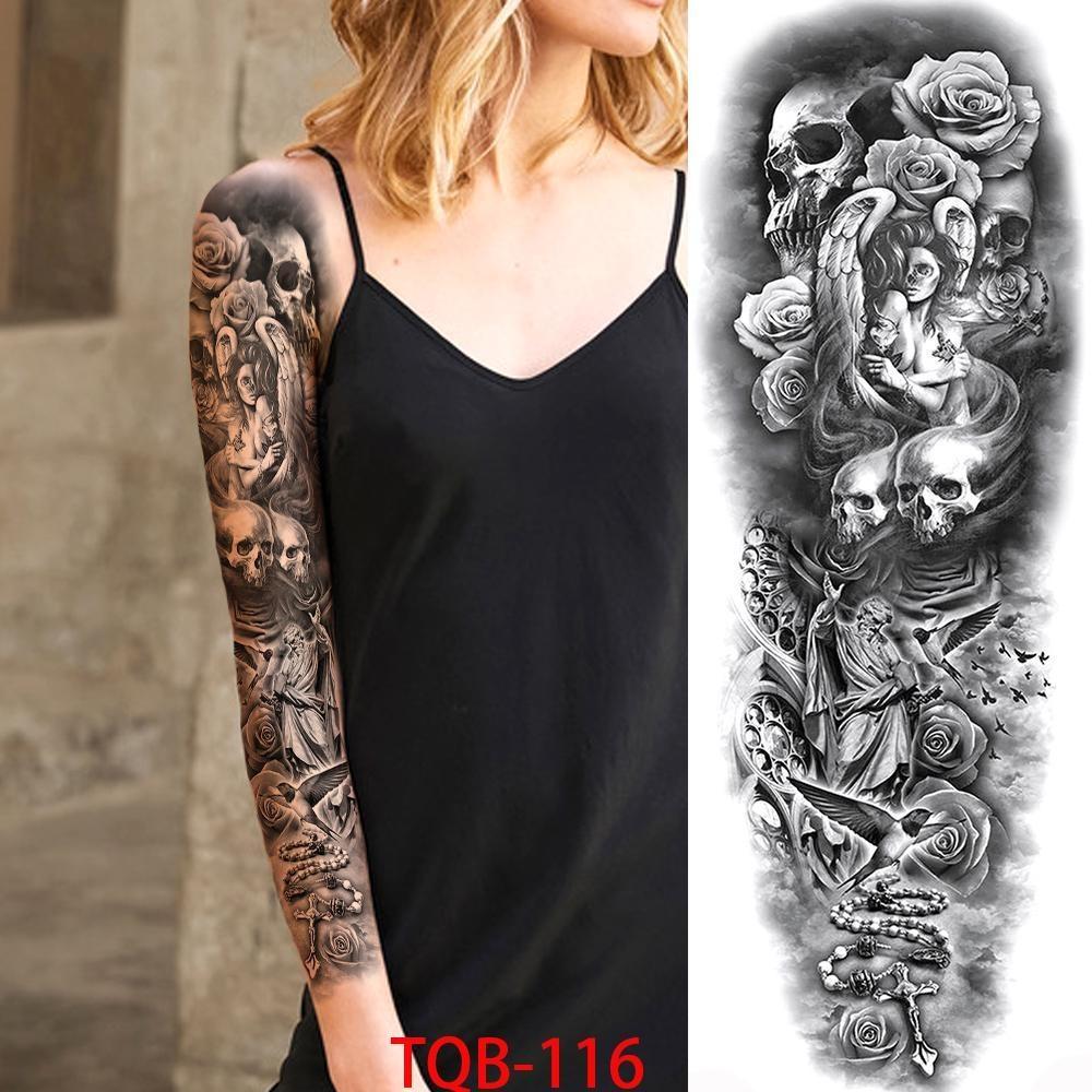 1 PC 480*170MM Full Arm Temporary Tattoo Sticker Sleeve Men Women Fashion Sexy Fake Tattoo Wolf Lion Tiger Painting Tattoo Skull Angel Tattoo