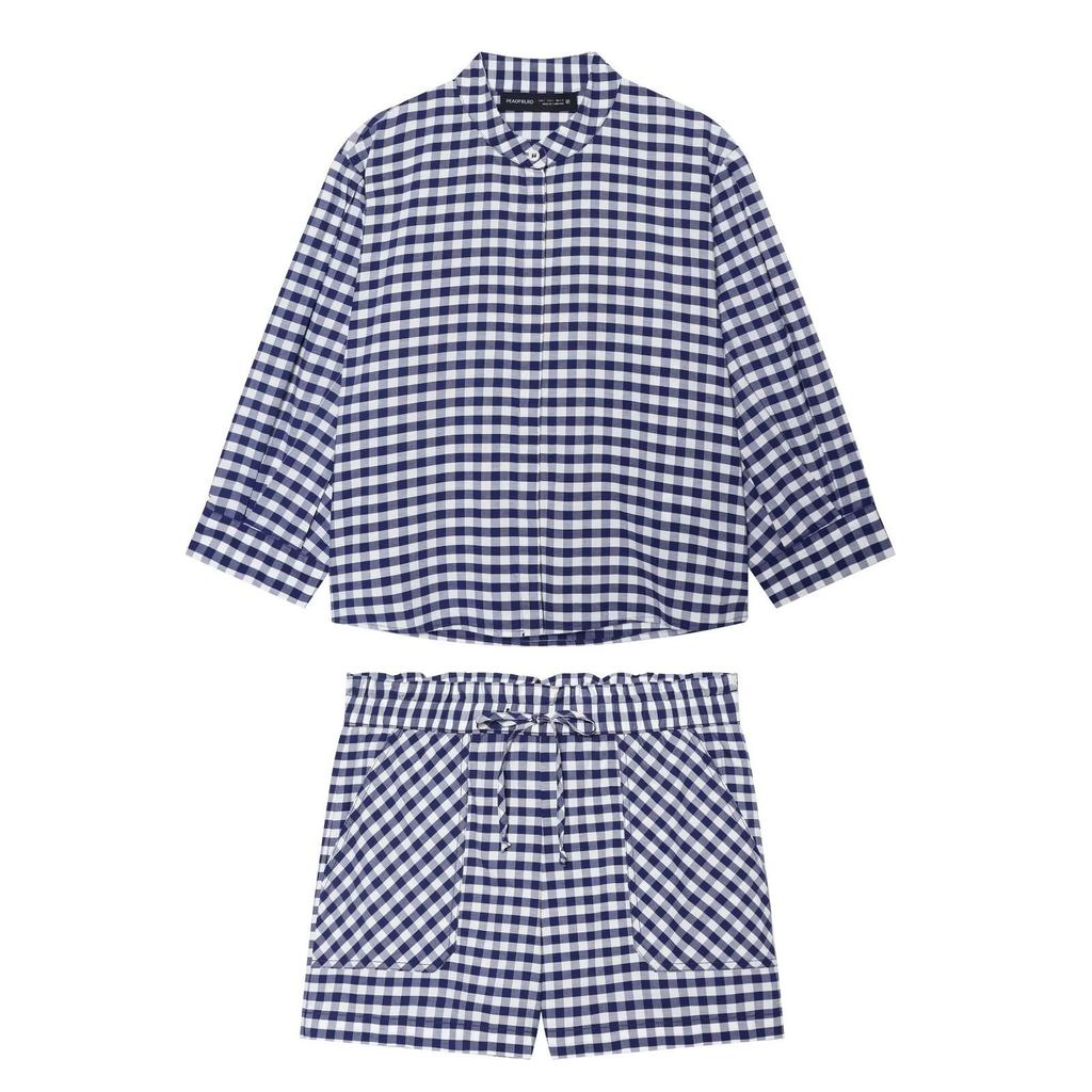 European and American French women's fashion versatile temperament plaid shirt shorts set 4333008