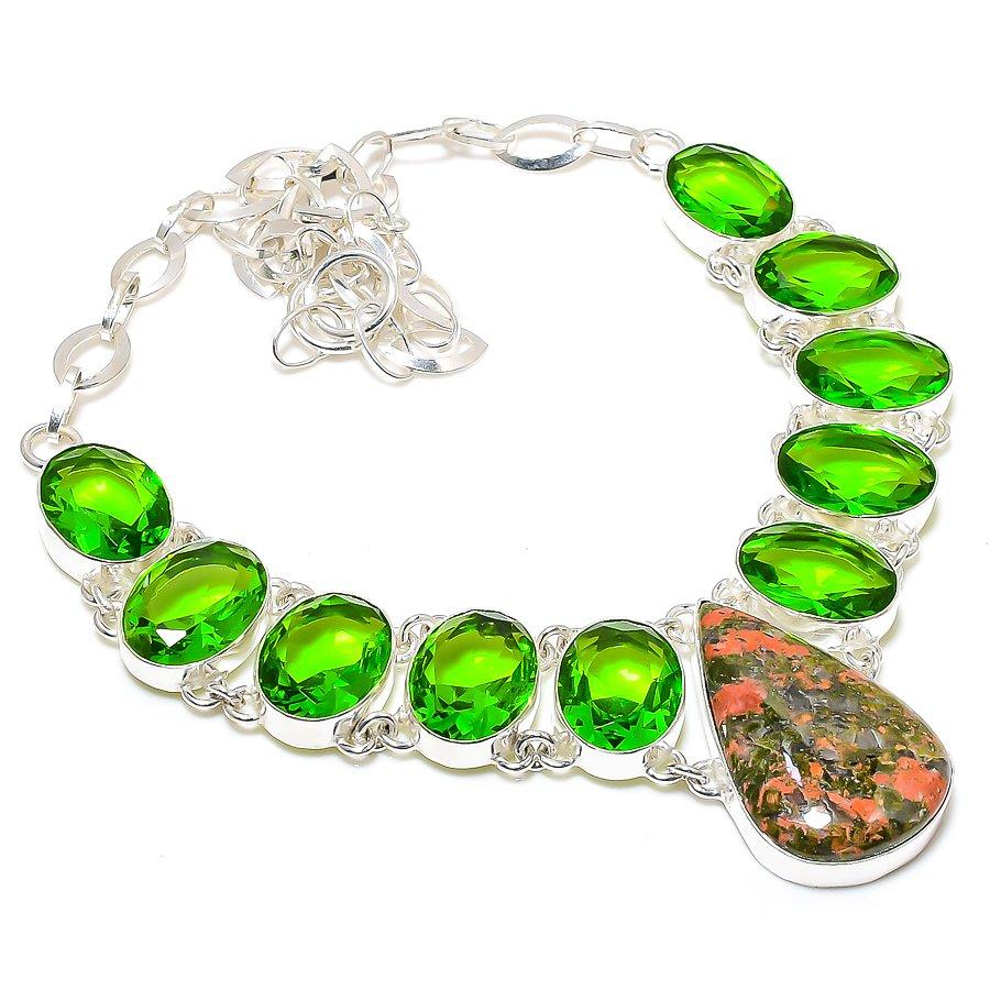Unakite, Peridot Gemstone 925 Sterling Silver Jewelry Necklace 18" O5R13