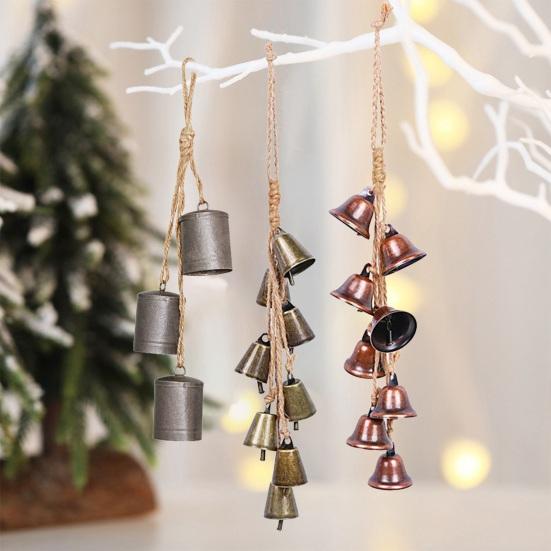 Christmas Bell Pendant Rustic Metal Hanging Decorative Bell with Jute Rope Vintage Wind Chimes Wall Hanging for Home Decor