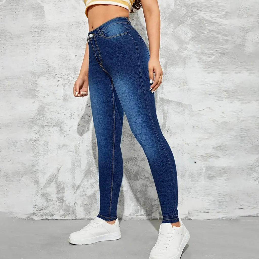 Ladies' Solid Color Casual Pants Versatile Slim Fit Straight Leg Denim Jeans
