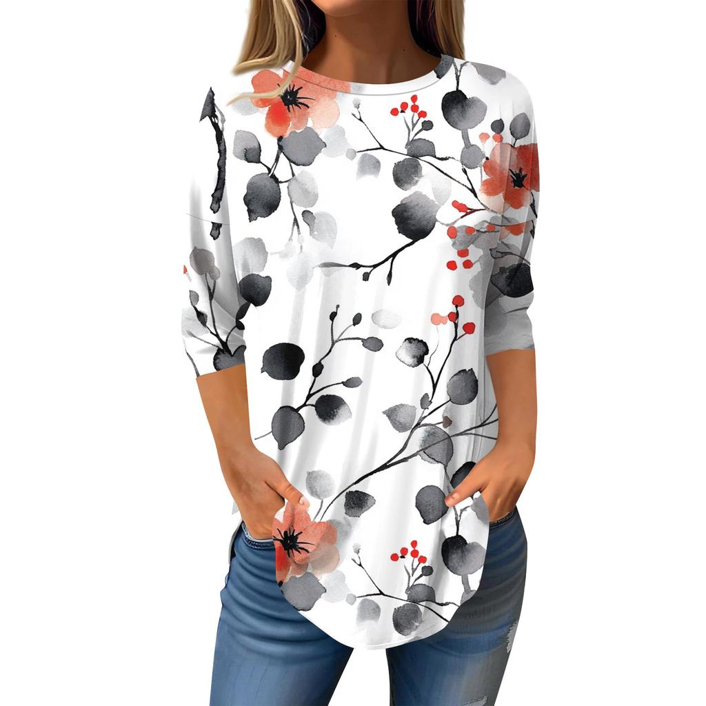 Рубашки с рукавом 3/4 для женщин, милые топы, футболки с рисунком, блузки, повседневные базовые топы больших размеров, пуловеры