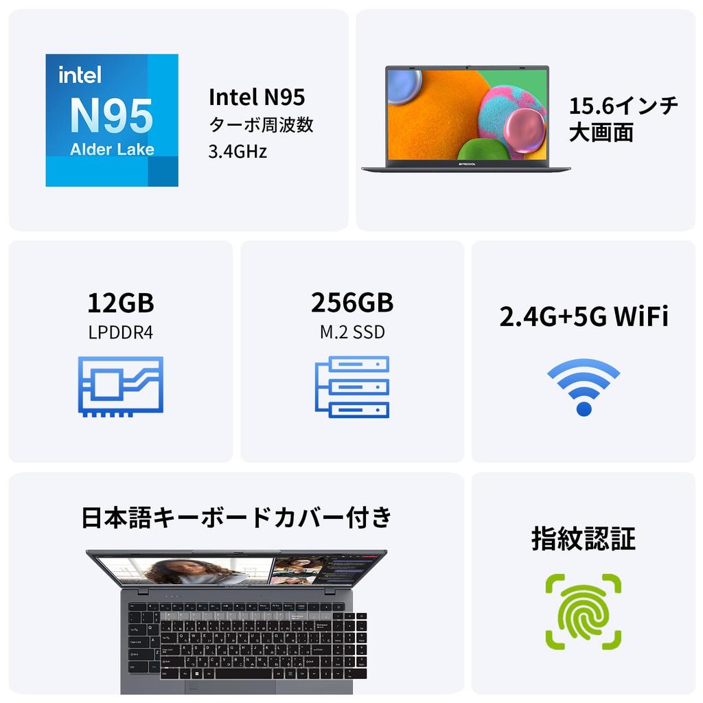 BiTECOOL N95 с Office 4C4T LPDDR5 12 ГБ памяти 256 ГБ Полный отпечаток пальца USB и Легкий и Тонкий Ноутбук Ноутбук, 15,6-дюймовый, 2024, + SSD, HDMI, HD,