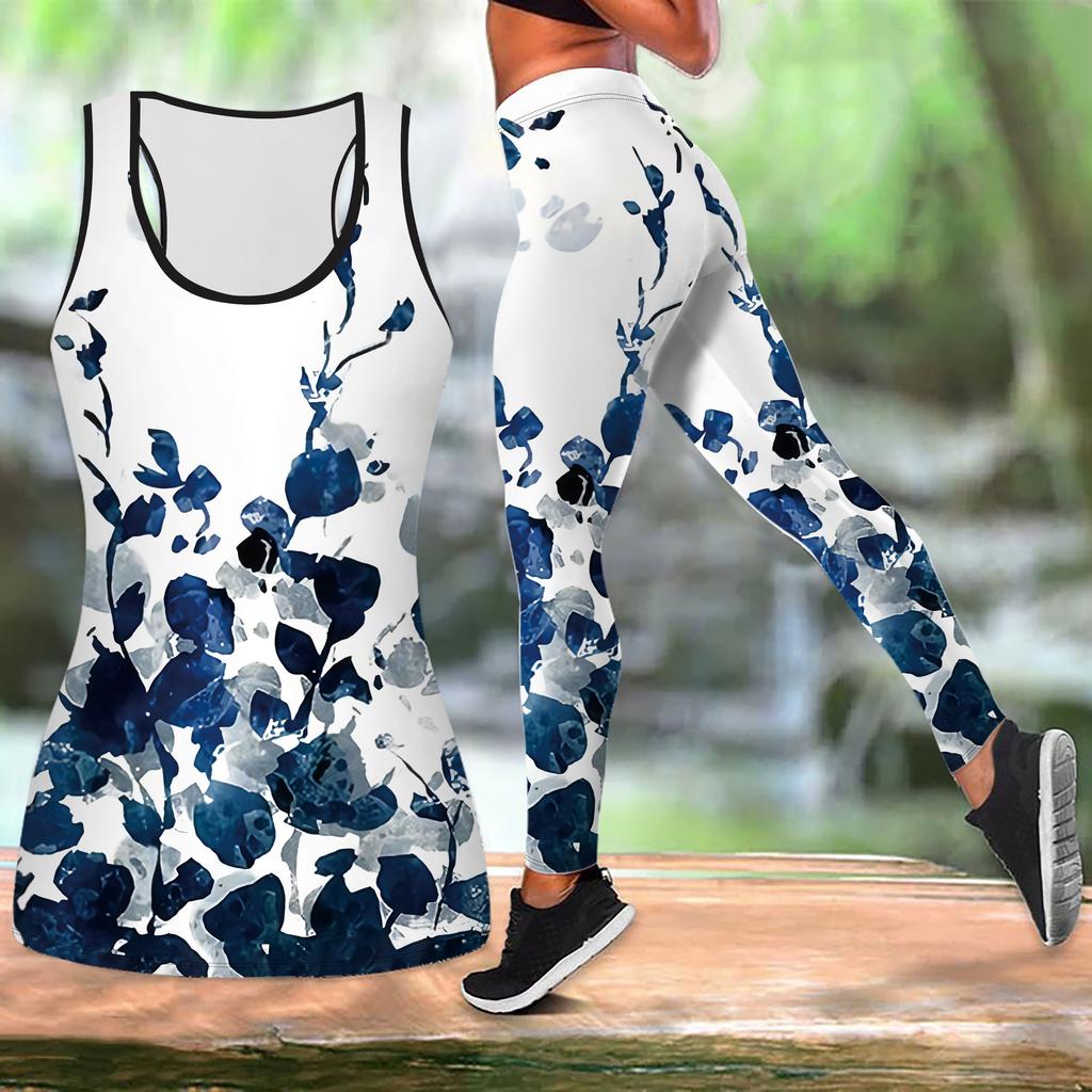 Blue Shadow Flower Print Yoga Outfit for Women Fashion Workout Leggings Fitness Sports Casual Yoga Set Sports Suit