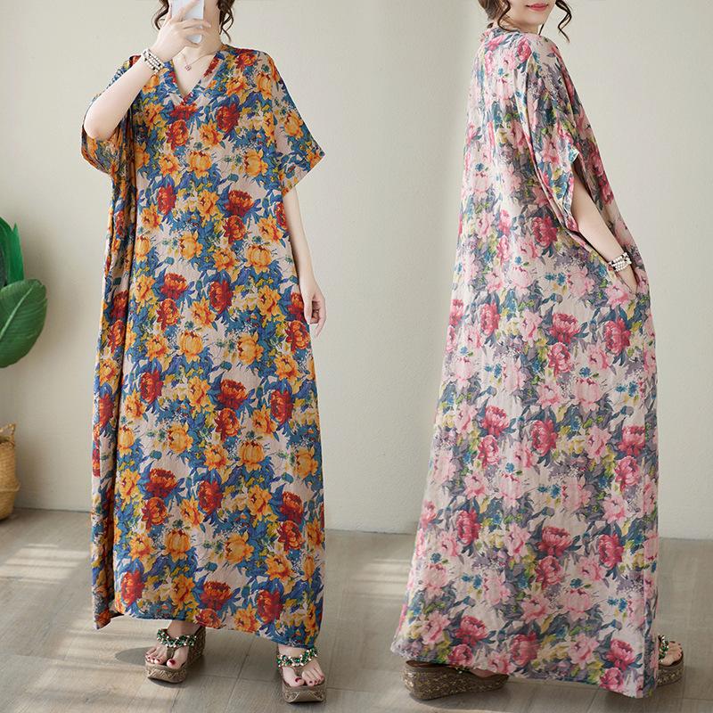 Летнее платье с V-образным вырезом из хлопка и льна свободного кроя