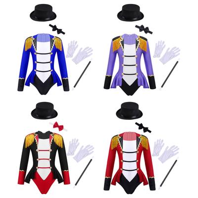 Комплект циркового костюма для девочек Леотар с длинным рукавом, лацканами, кисточками на плечах, молнией сзади, галстуком-бабочкой, шляпой, волшебной палочкой, перчатками