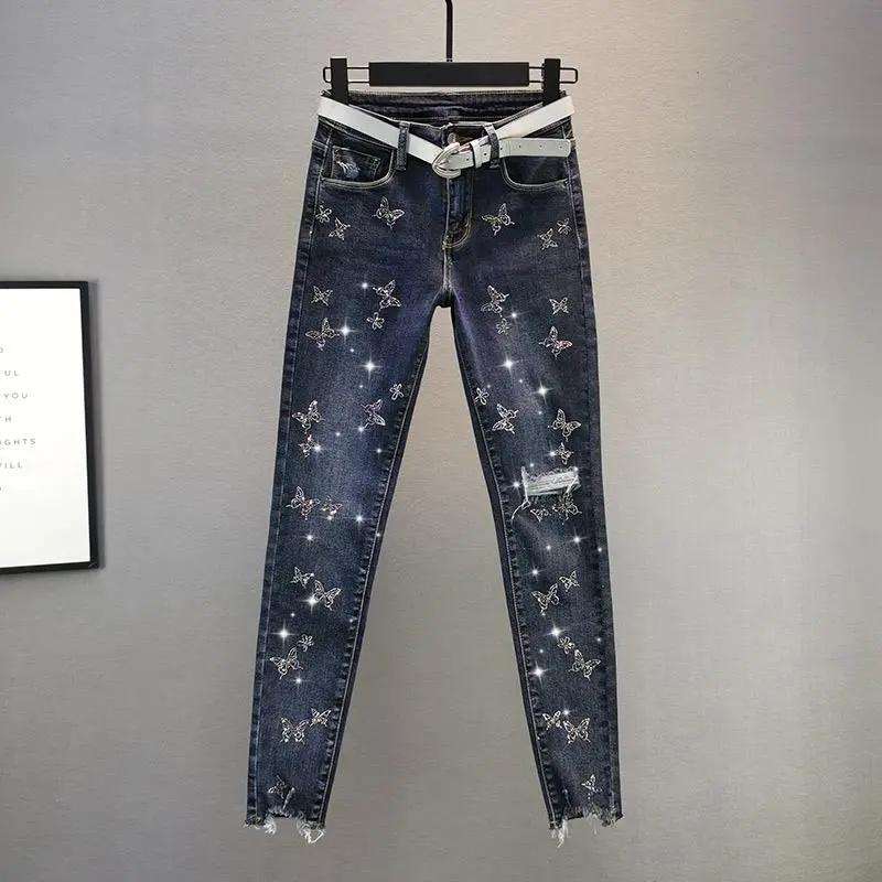 Spring Summer Fashion Harem Denim Pants Female Korean Version Elastic Rhinestones High Waist Jeans Pencil Pants
