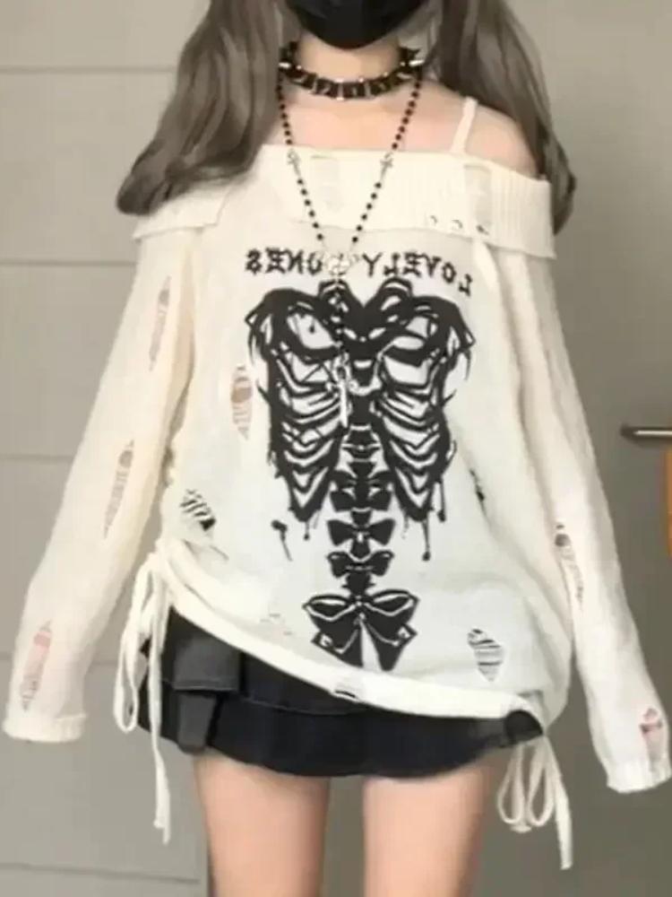 Y2k Harajuku Готические вязаные пуловеры женские японские модные сексуальные топы с открытыми плечами женский корейский свободный повседневный свитер Новинка 2024 года