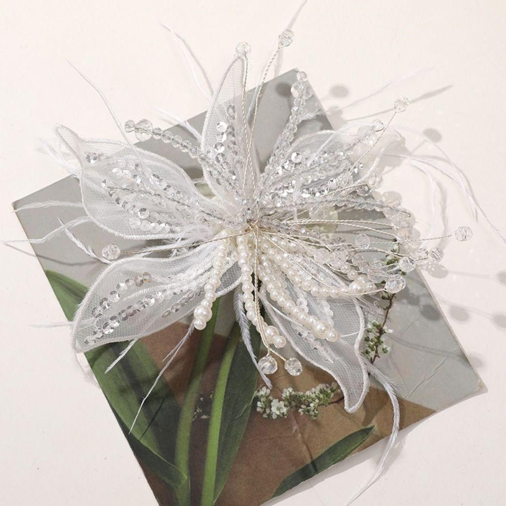 Ethereal Feather Pearl 3D Organza Flower Patch Crystal Flower Twisted Wire Studded Patch Handmade Lace Applique Decorative Dress