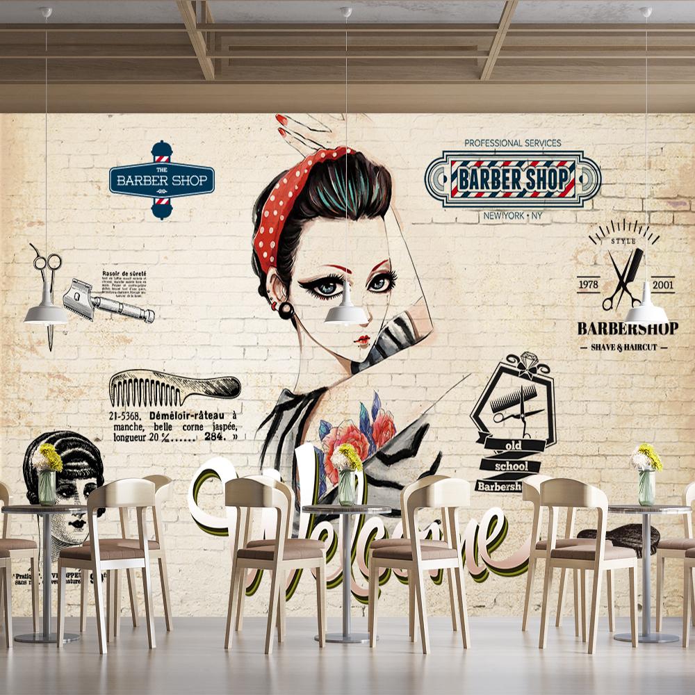 Retro Industrial Style Beauty Salon Mural Hair Salon Brick Background Wall Paper Barber Shop Decor Mural Wallpaper