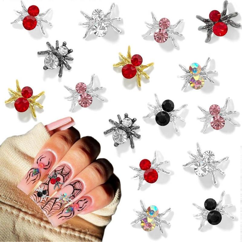 36-Pack Halloween Nail Ornaments Spider Ornaments Gold Silver Red Black Spider Gemstone Jewelry Spider Rhinestones Halloween Nail Diamond Ornaments