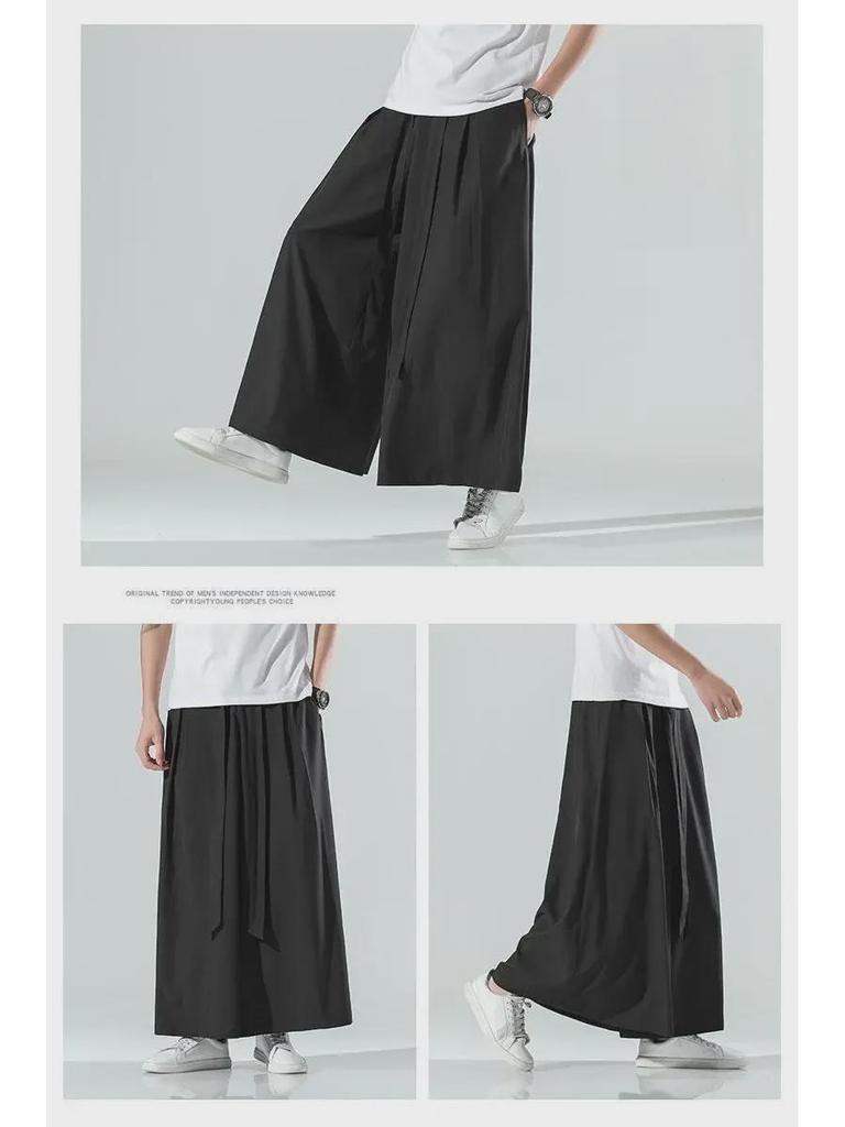 Мужские летние брюки-ханьфу из ледяного шелка с широкими штанинами в стиле ретро: Свободный, прямой, большой размер