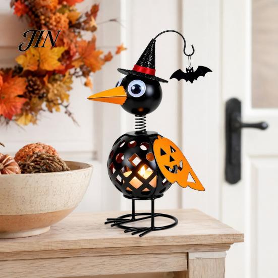 Spooky Halloween Decor Metal Crow Pumpkin Figurine, Wrought Iron Raven Statue with Witch Hat, Scary Ornament LED Candle Holder Lantern for Garden