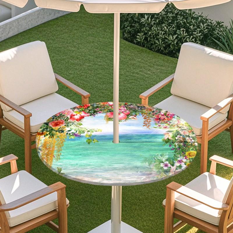 Outdoor Round Table Cover With Floral Print Oil Painting Style Waterproof Elastic Edge Patio Garden