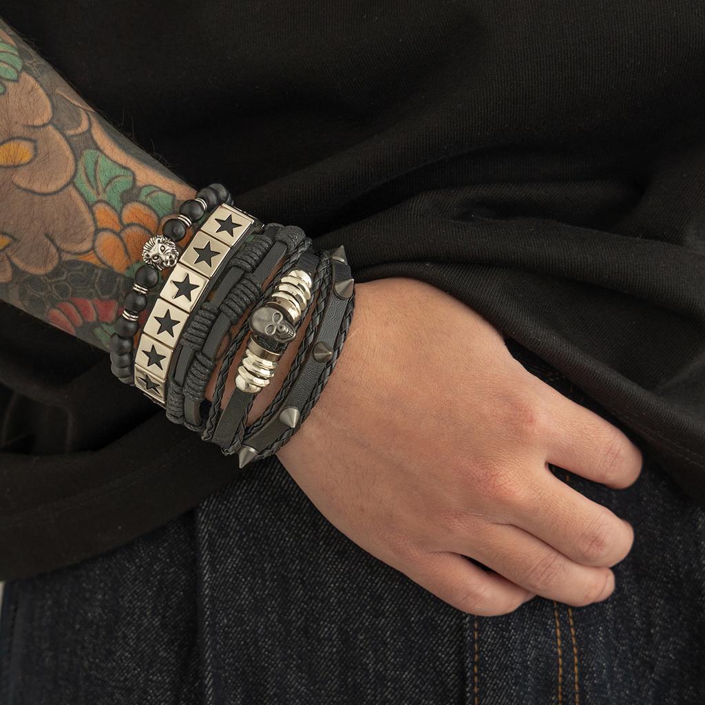 Пятиконечная Звезда Кожаный Браслет для Мужчин, Модный Хип-Хоп Высококлассный Стиль, Уличные Мужские Браслеты с Шипами и Черепами, Ручные Украшения