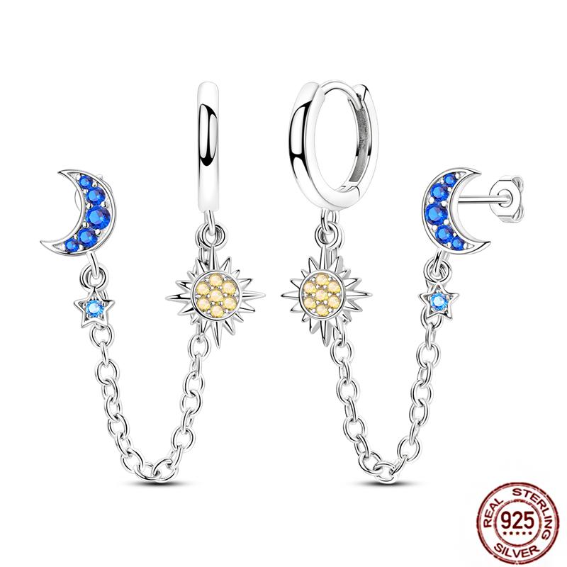 Sparkling Women Hoop Earrings 925 Copper Heart Shape Star Moon Round Blue Zircon Fit Origina Drop Earrings Zircon Holiday Gifts