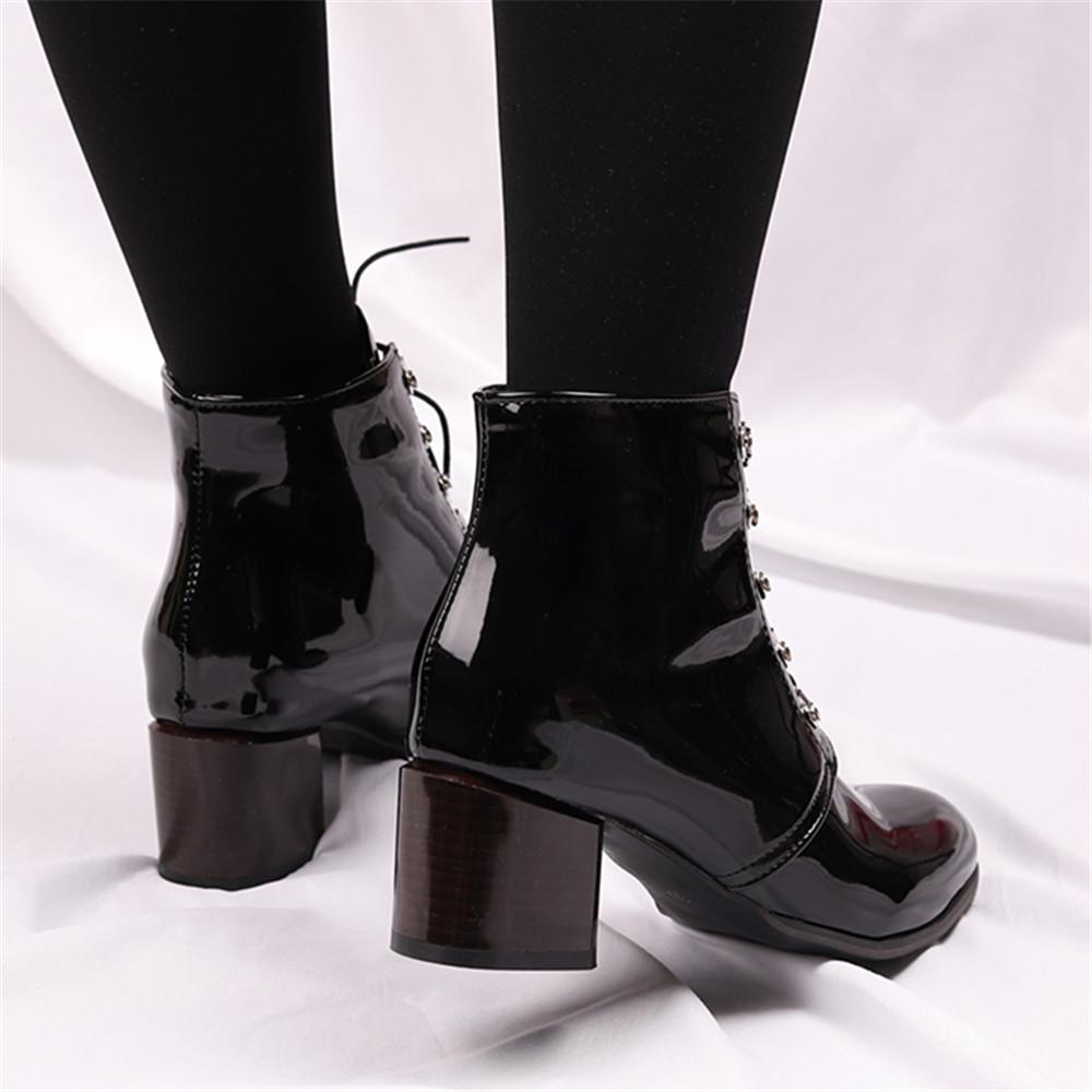 Мода Весна Осень Новое поступление Модная обувь Женские ботинки На шнуровке Лакированная кожа Ботильоны с острым носом Толстый каблук Ботинки на платформе Панк 43