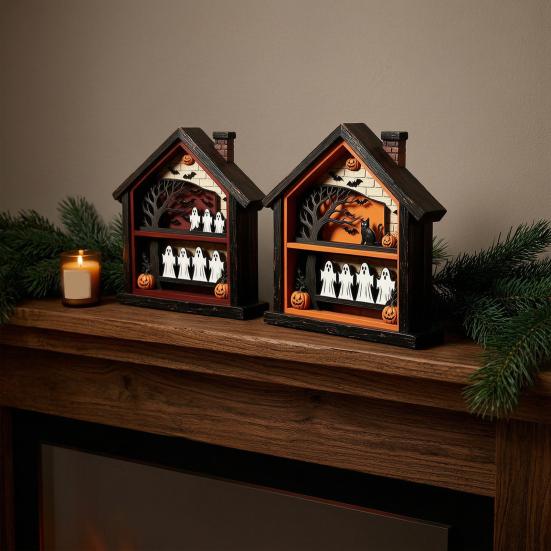 Halloween Wooden Table Sign Ghost Skeleton Block Spooky House Shape Sign Rustic Farmhouse