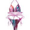 European & American Tie-Dye Three-Piece Deep V Bandage Bikini Set with Sexy Hollow-Out Design