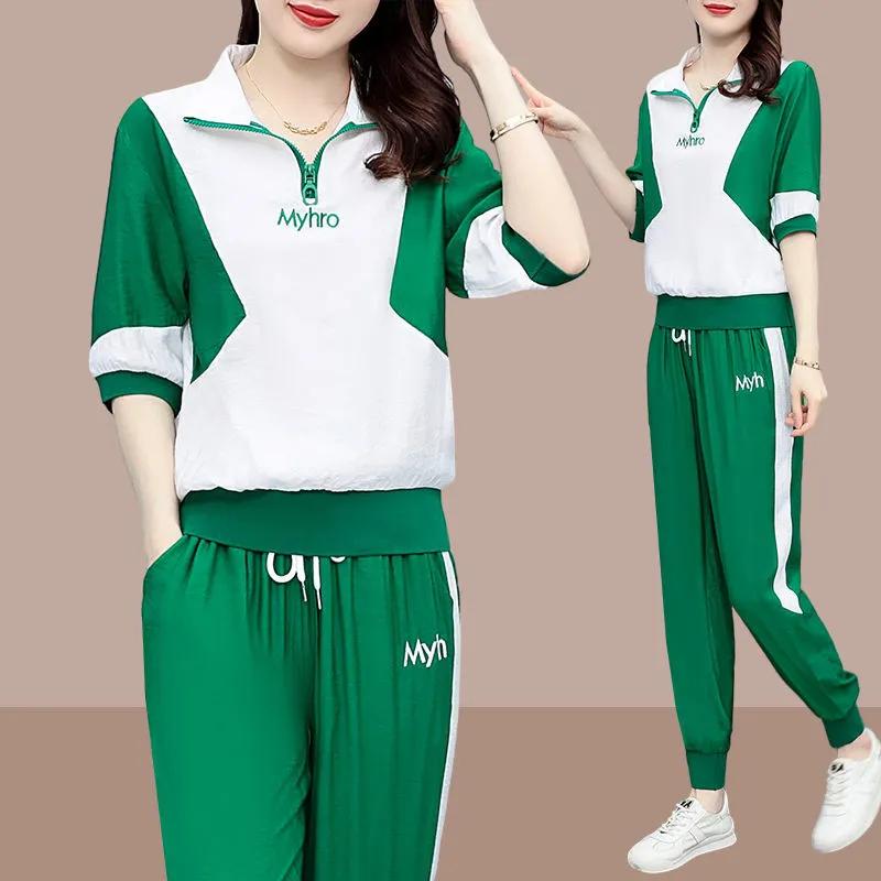 Модный костюм с футболкой на половину молнии, летний женский корейский повседневный модный спортивный костюм для бега, двухкомпонентный костюм