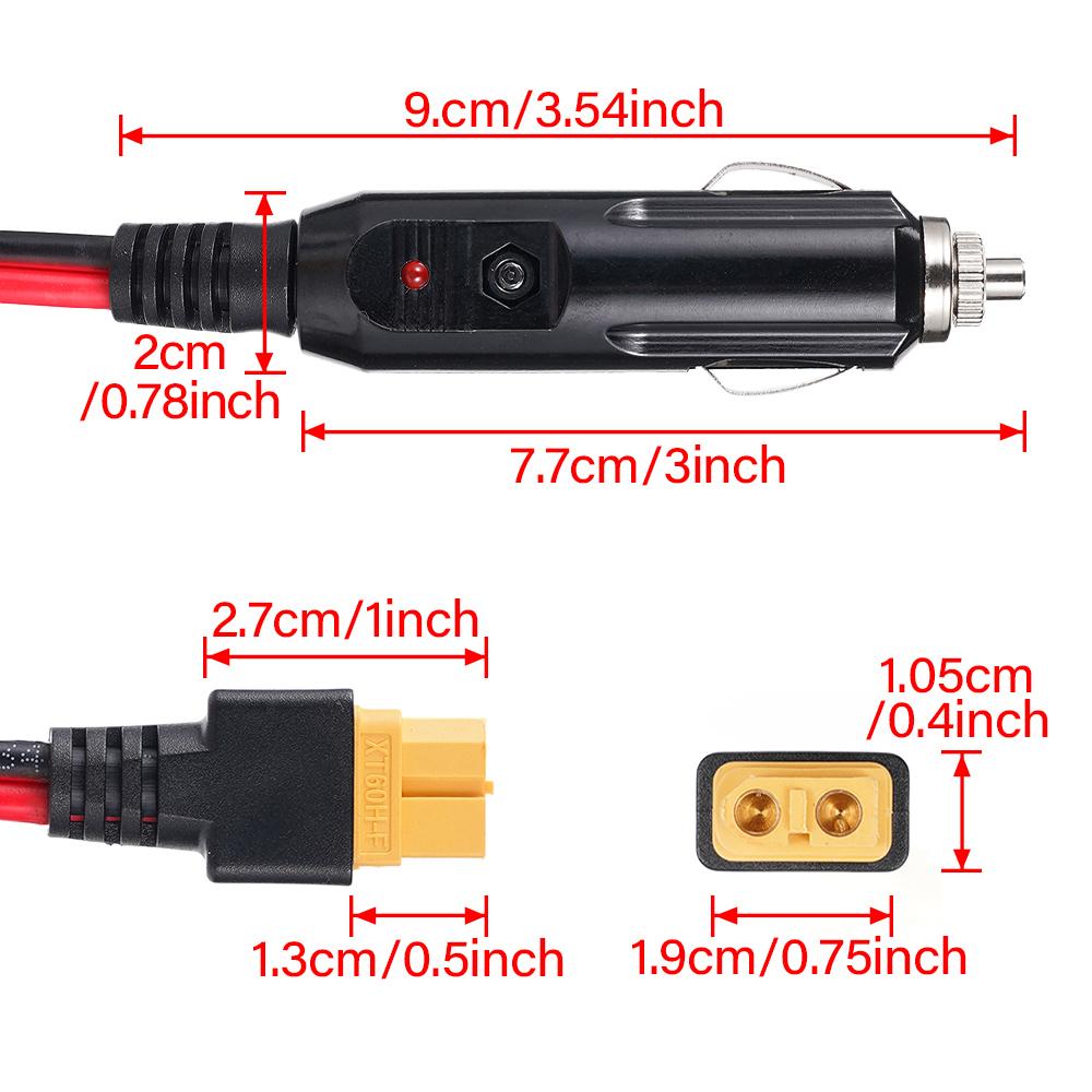 XT60 Female Head H to Point Cigarette Head 10FT 14AWG 20A Insurance Car Charger and XT60 Adapter Cable Car to Solar Generator