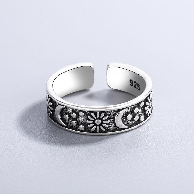 Foxanry Sun Moon Flower Open Ring for Women New Fashion Vintage Creative Design Daily Wear Jewelry Accessories Gifts
