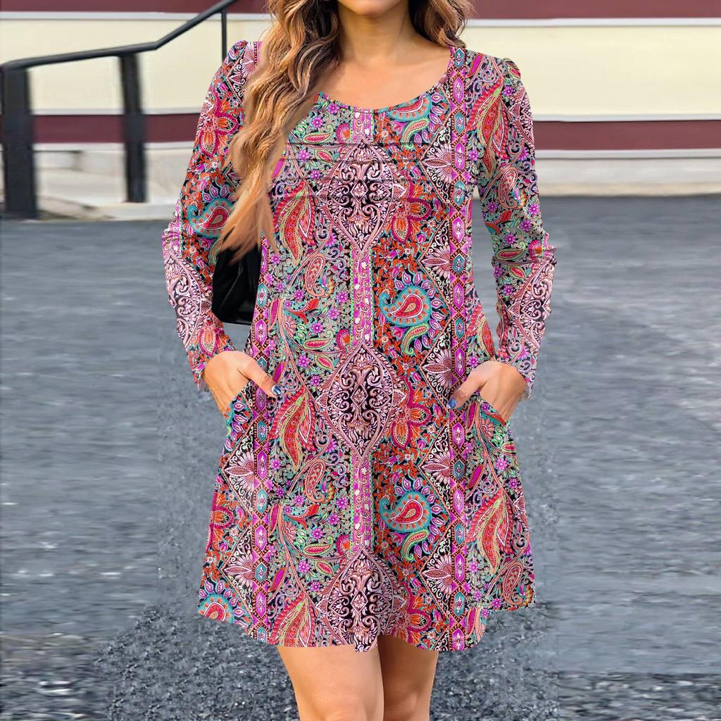 Женское платье с длинным рукавом, осеннее повседневное, футболка, свободного кроя, с плиссировкой спереди, платья с карманами