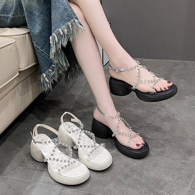 Сексуальные босоножки с открытым носком и стразами для женской летней обуви, новые, на толстом каблуке, модные, универсальные, с темпераментом